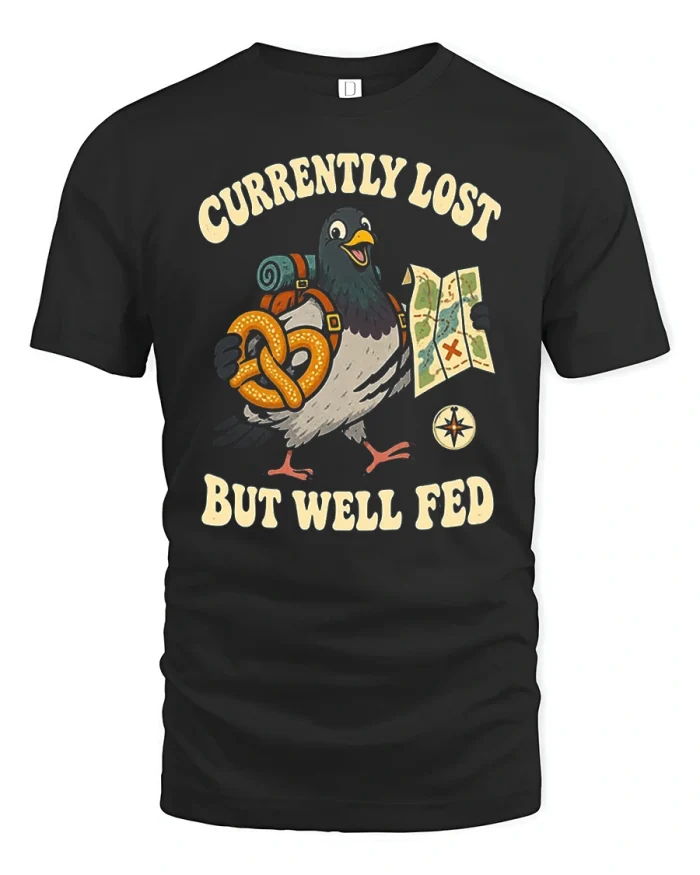 Currently Lost But Well Fed Funny Pigeon Cotton T Shirt - black t-shirt on white background