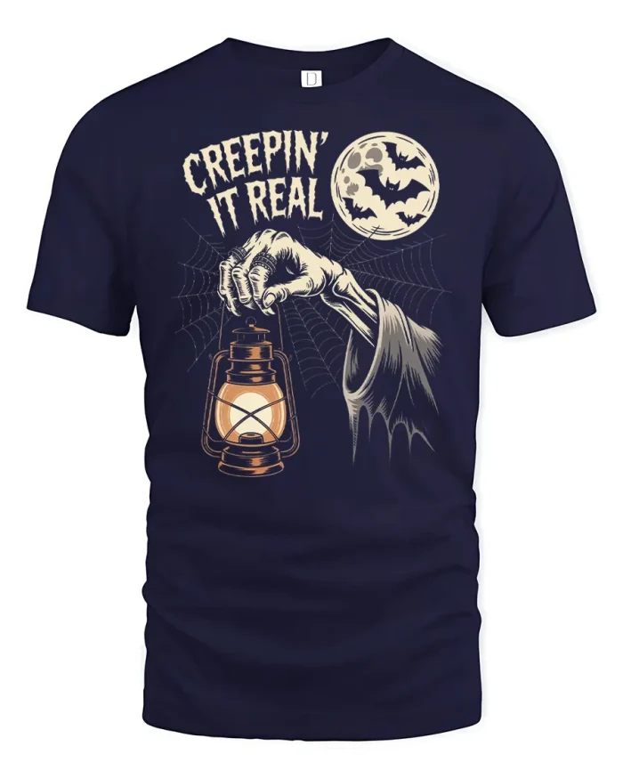 Creepin It Real Skeleton Hand Lantern Halloween Cotton T Shirt - navy t-shirt on white background