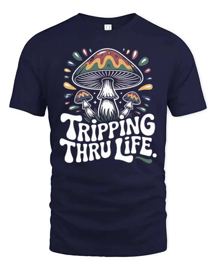 Tripping Thru Life Psychedelic Mushroom Cotton T Shirt - navy t-shirt on white background
