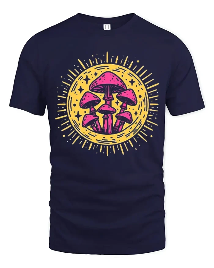 Psychedelic Mushroom Sunburst Boho Graphic Cotton T Shirt - navy t-shirt on white background