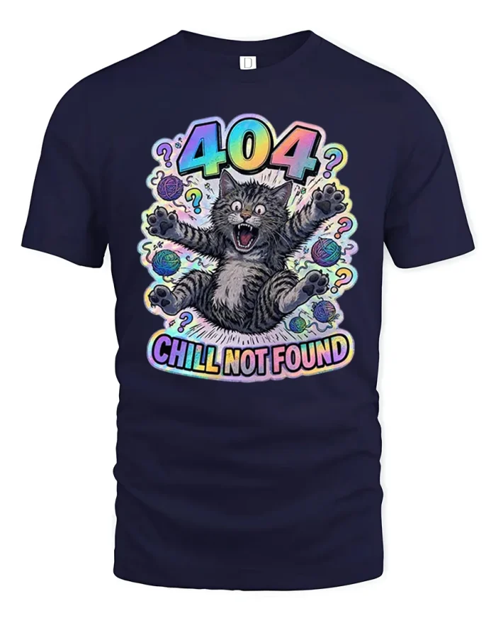 404 Chill Not Found Crazy Cat Graphic Soft Cotton T Shirt - navy t-shirt on white background