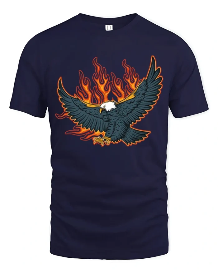 Soaring Bald Eagle Fiery Flames Biker Graphic Cotton T Shirt - navy t-shirt on white background
