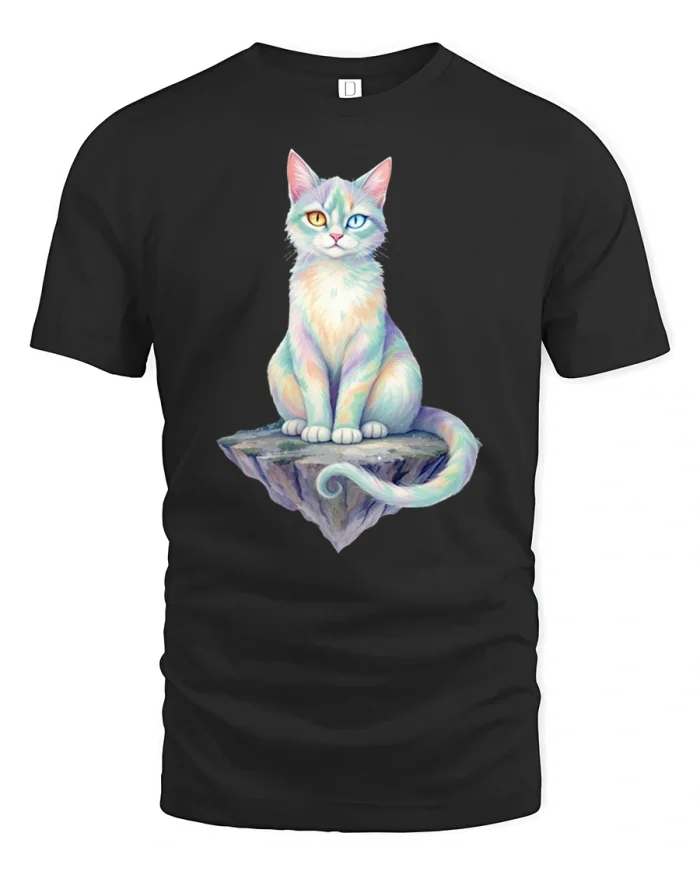 Pastel Celestial Rainbow Cat On Floating Rock Cotton T Shirt - black t-shirt on white background