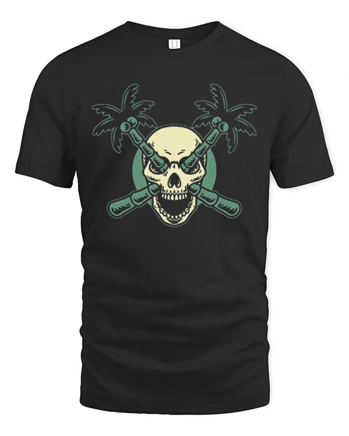 Tropical Skull Crossed Palm Trees Graphic Cotton T Shirt - black t-shirt on white background