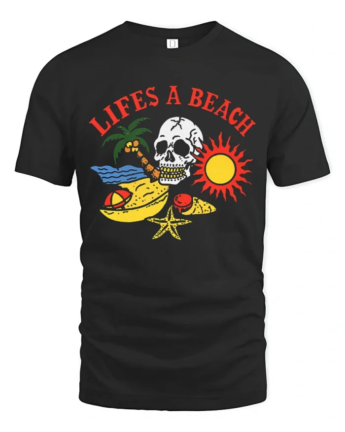 Lifes A Beach Skull Tropical Island Graphic Cotton T Shirt - black t-shirt on white background