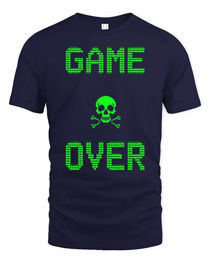 Retro Game Over Matrix Skull Hacker Graphic Cotton T Shirt - navy t-shirt on white background