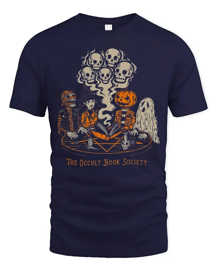 The Occult Book Society Halloween Graphic Cotton T Shirt - navy t-shirt on white background