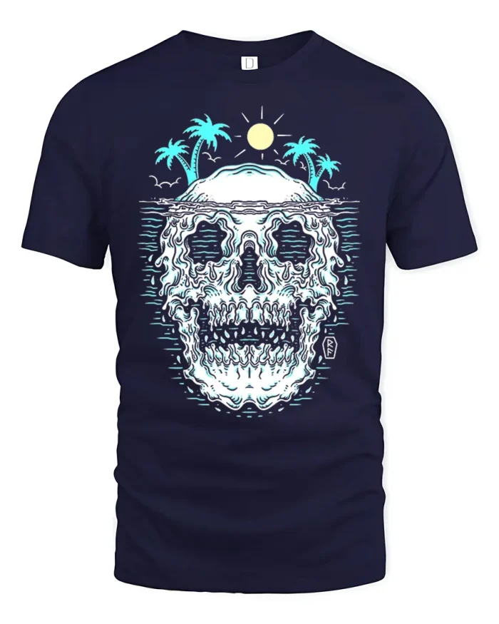 Tropical Island Skull Reflection Graphic Cotton T Shirt - navy t-shirt on white background
