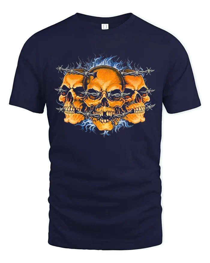 Barbed Wire Skulls Blue Flame Biker Cotton T Shirt - navy t-shirt on white background