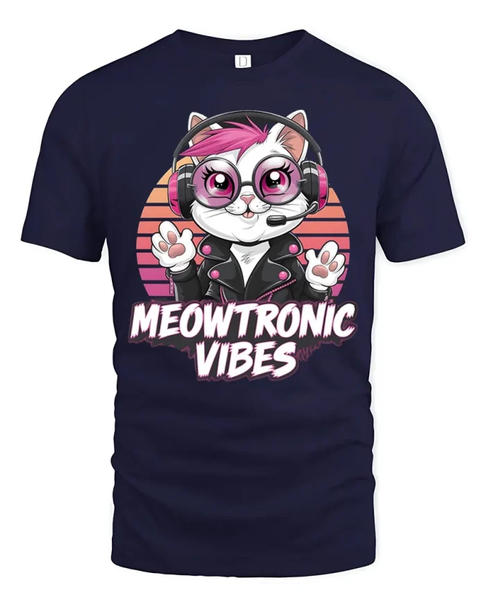 Meowtronic Vibes DJ Cat Retro Synthwave Cotton T Shirt - navy t-shirt on white background