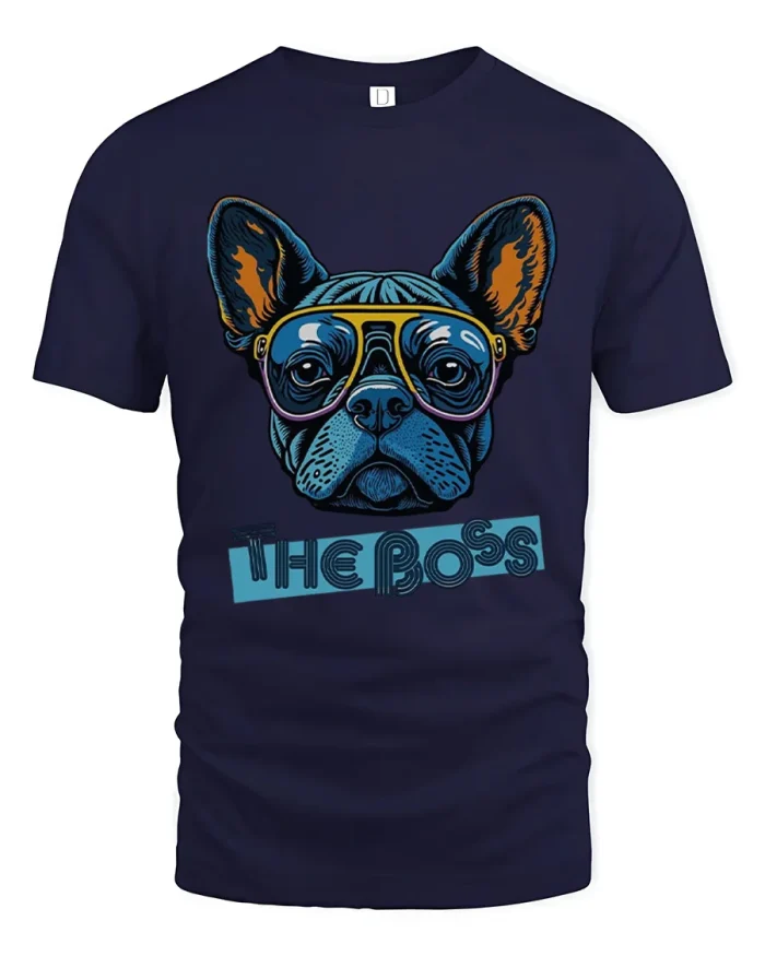 The Boss French Bulldog Sunglasses Graphic Cotton T Shirt - navy t-shirt on white background