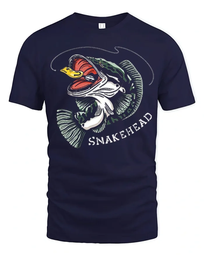Retro Snakehead Fish Lure Strike Angler Cotton T Shirt - navy t-shirt on white background