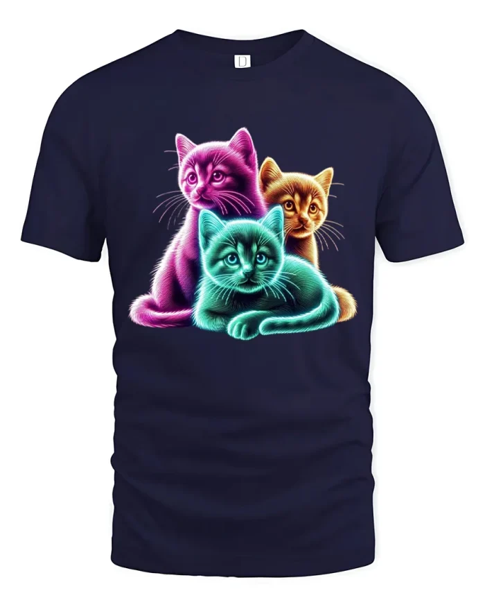 Neon Colorful Kittens Trio Graphic Soft Cotton T Shirt - navy t-shirt on white background