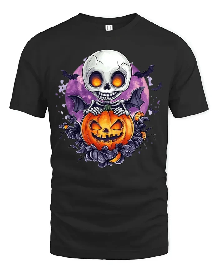 Spooky Skeleton Pumpkin Bat Wings Graphic Cotton T Shirt - black t-shirt on white background