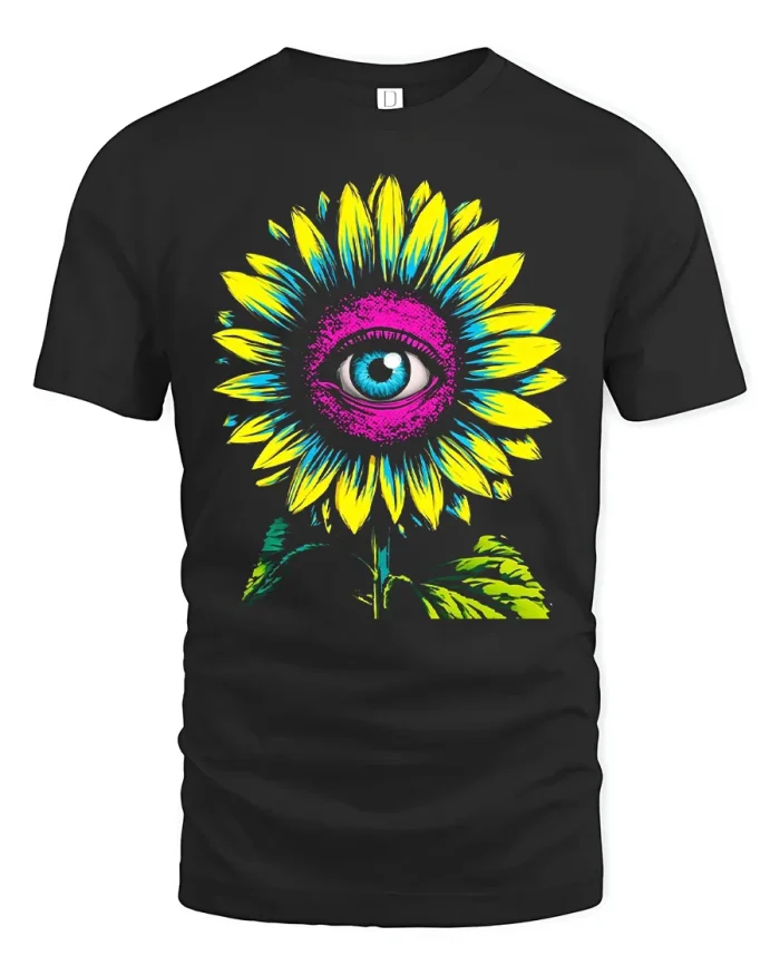 Trippy Psychedelic Sunflower Eye Graphic Cotton T Shirt - black t-shirt on white background