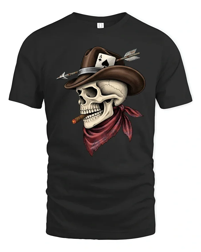 Western Cowboy Skull Cigar Ace Of Spades Cotton T Shirt - black t-shirt on white background