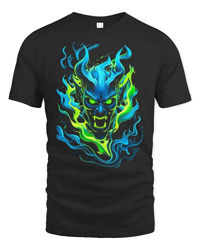 Blue Flame Demon Face Neon Fire Graphic Cotton T Shirt - black t-shirt on white background