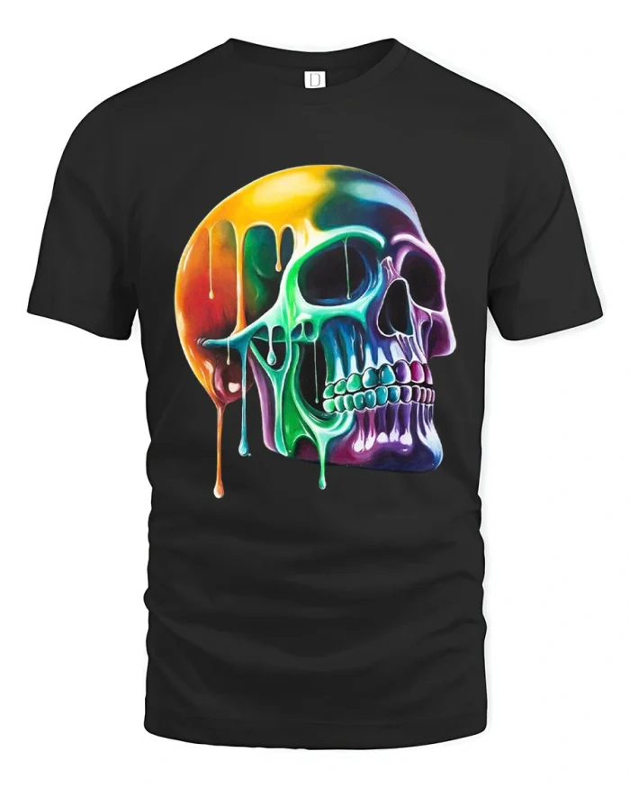 Trippy Melting Rainbow Skull Dripping Paint Cotton T Shirt - black t-shirt on white background