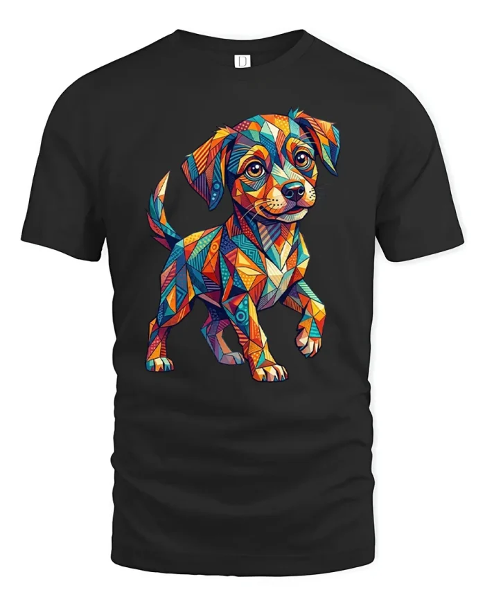 Colorful Geometric Mosaic Puppy Dog Soft Cotton T Shirt - black t-shirt on white background