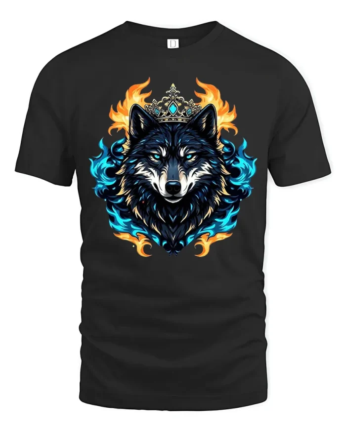 Wolf King Crown Fire Flames Graphic Soft Cotton T Shirt - black t-shirt on white background