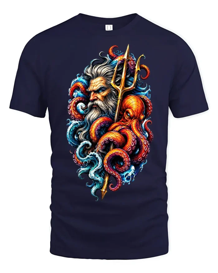 Poseidon God Trident Kraken Ocean Waves Cotton T Shirt - navy t-shirt on white background