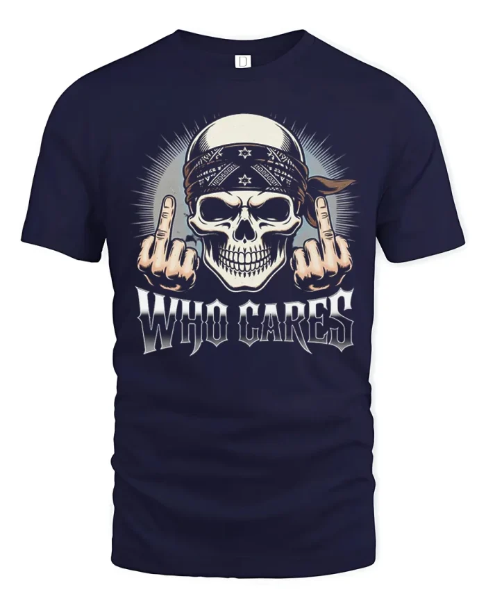 Who Cares Skull Bandana Middle Fingers Cotton T Shirt - navy t-shirt on white background