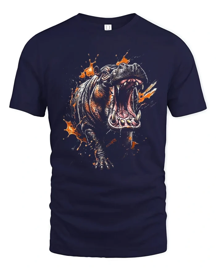 Angry Roaring Hippo Paint Splatter Graphic Cotton T Shirt - navy t-shirt on white background