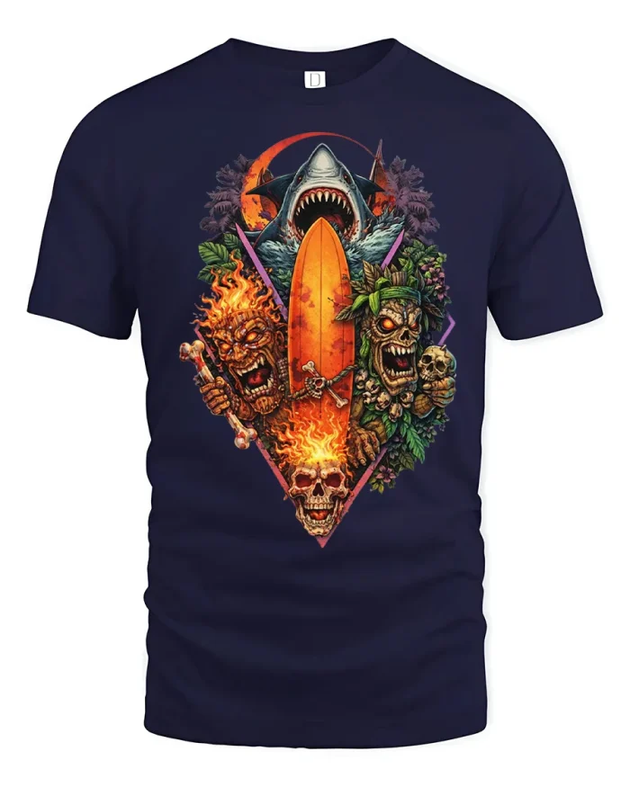Tiki Surf Shark Skull Flaming Beach Graphic Cotton T Shirt - navy t-shirt on white background