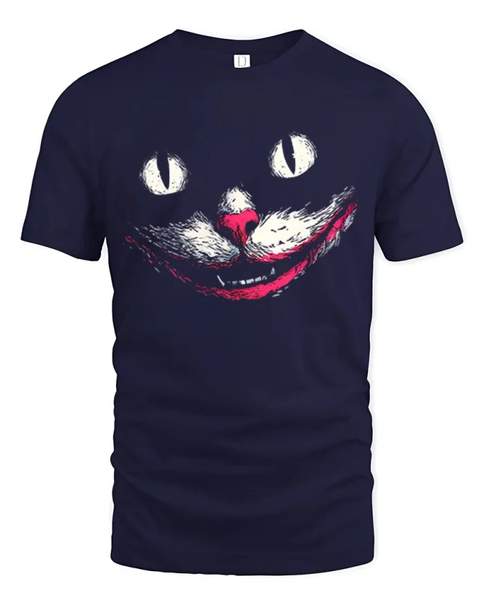 Cheshire Cat Grin Creepy Smile Face Cotton T Shirt - navy t-shirt on white background