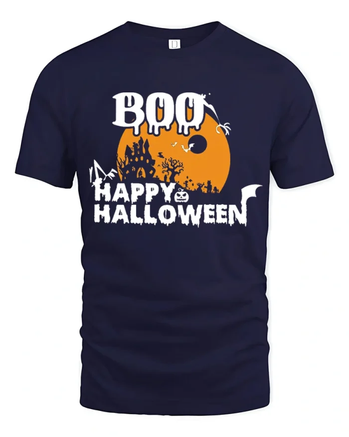 Boo Happy Halloween Haunted House Moon Cotton T Shirt - navy t-shirt on white background