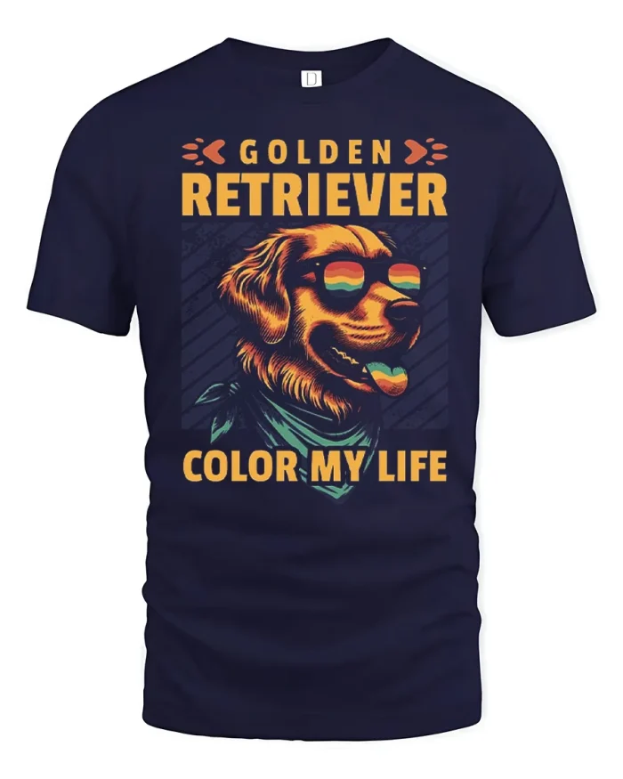 Retro Golden Retriever Color My Life Cotton T Shirt - navy t-shirt on white background