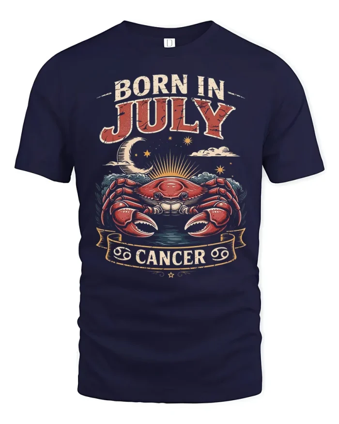 Born In July Cancer Zodiac Crab Celestial Cotton T Shirt - navy t-shirt on white background