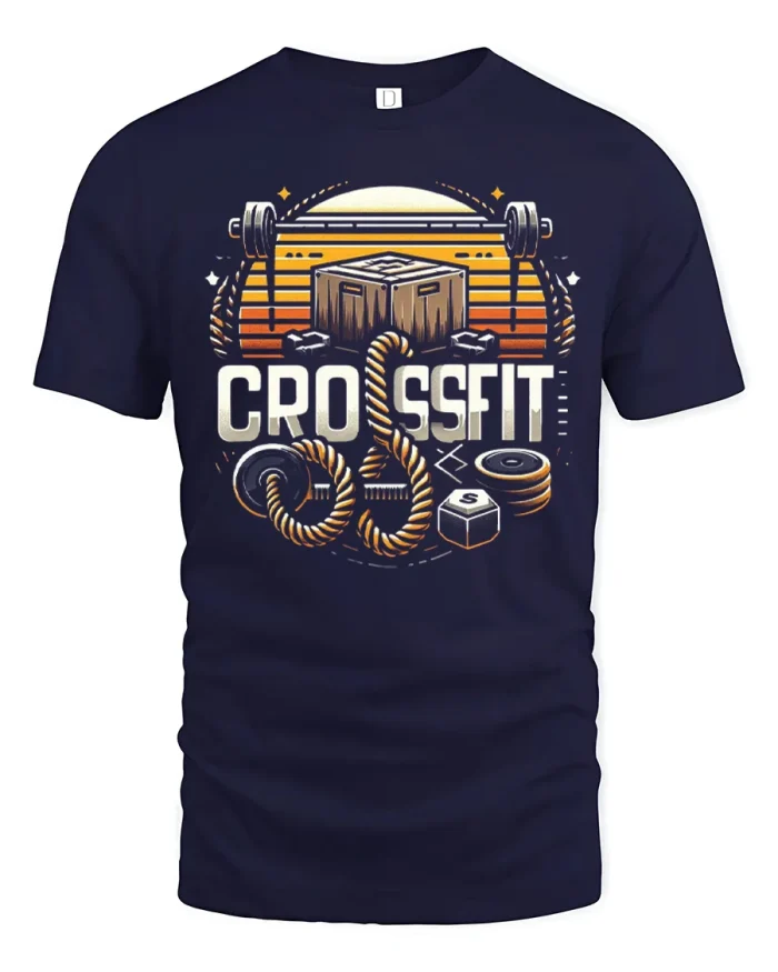 Crossfit Sunset Barbell Gym Workout Cotton T Shirt - navy t-shirt on white background