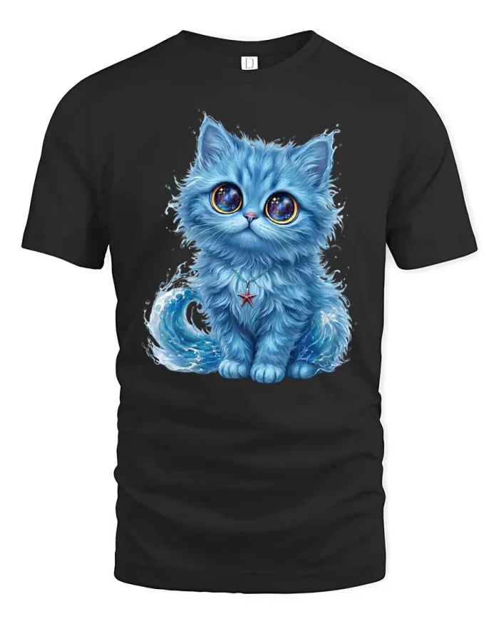 Cute Blue Water Kitten Galaxy Eyes Graphic Cotton T Shirt - black t-shirt on white background