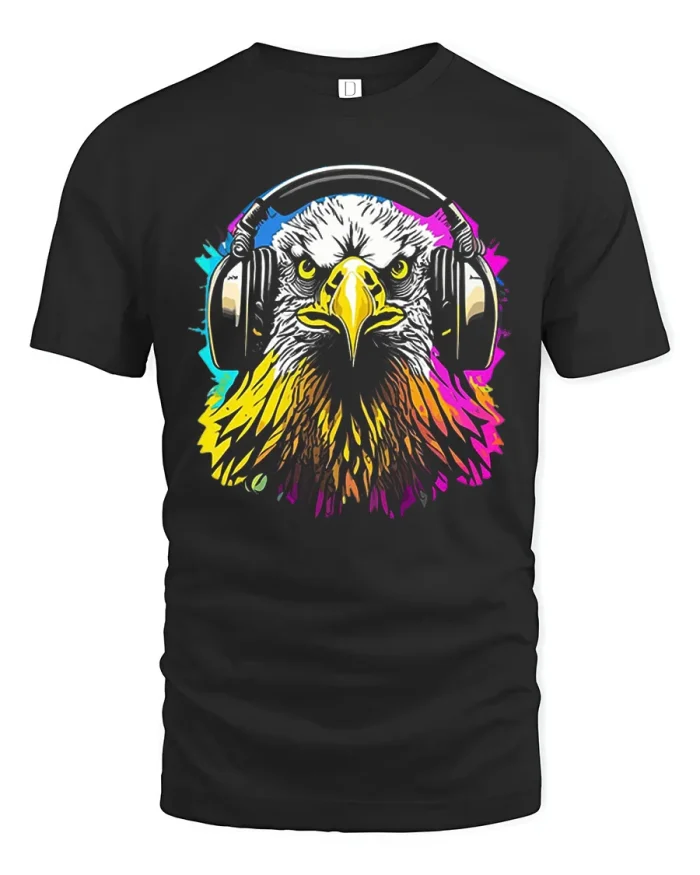 DJ Bald Eagle Headphones Music Graphic Cotton T Shirt - black t-shirt on white background