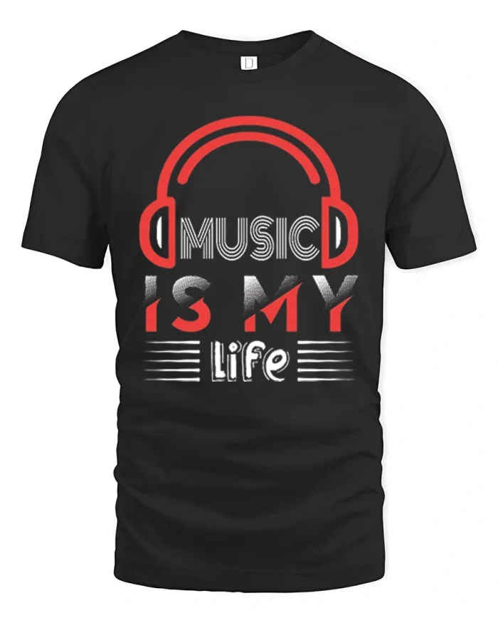 Music Is My Life Headphones DJ Graphic Cotton T Shirt - black t-shirt on white background