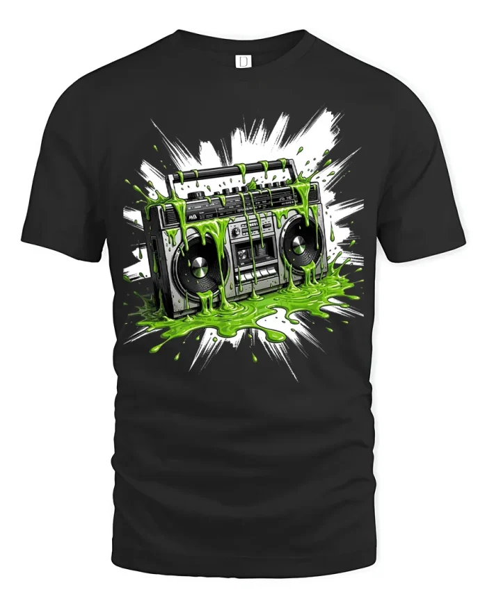 Retro Boombox Dripping Green Slime Graphic Cotton T Shirt - black t-shirt on white background