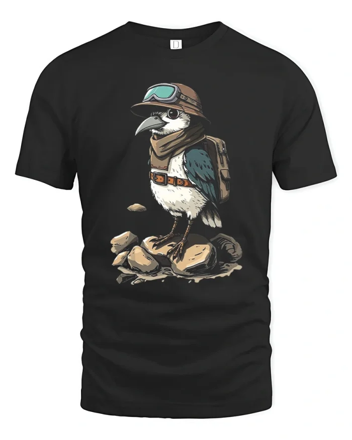 Adventurer Bird Hiker Explorer Cute Animal Cotton T Shirt - black t-shirt on white background