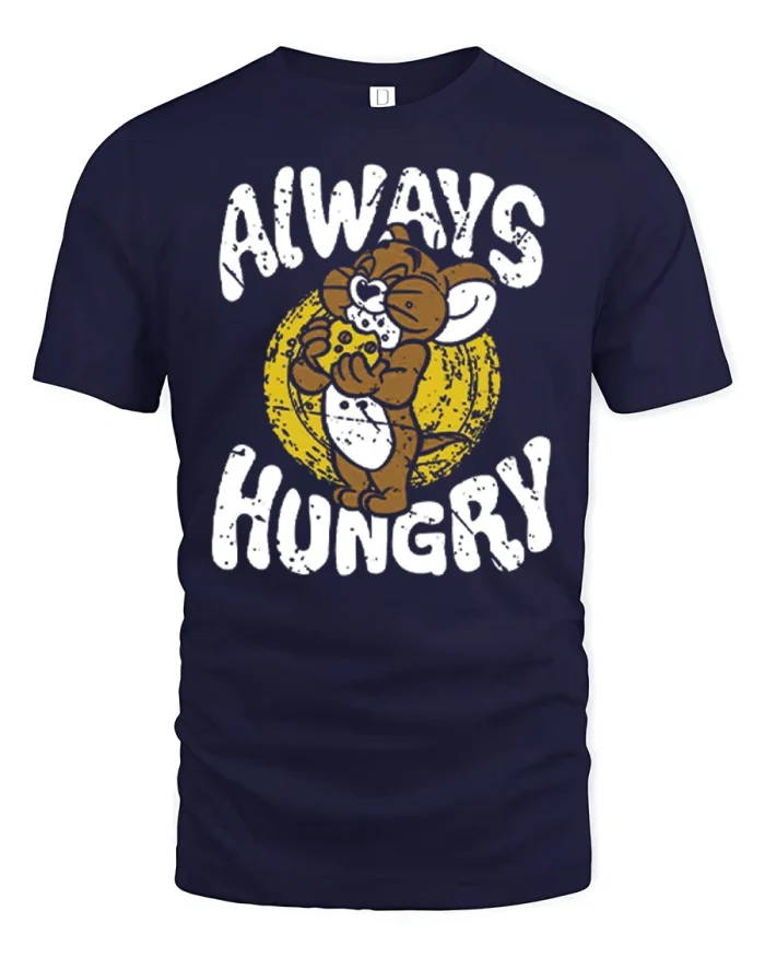 Always Hungry Cartoon Mouse Cheese Foodie Cotton T Shirt - navy t-shirt on white background