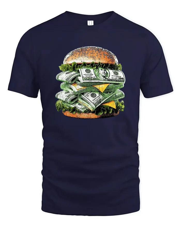 Money Burger Dollar Cash Hustle Graphic Cotton T Shirt - navy t-shirt on white background