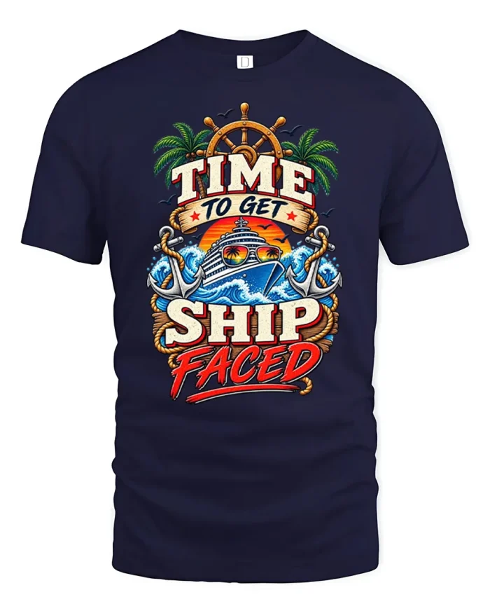 Time To Get Ship Faced Cruise Vacation Cotton T Shirt - navy t-shirt on white background