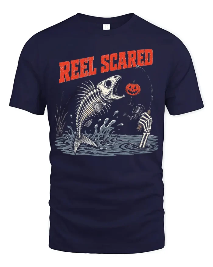 Reel Scared Skeleton Fish Halloween Graphic Cotton T Shirt - navy t-shirt on white background