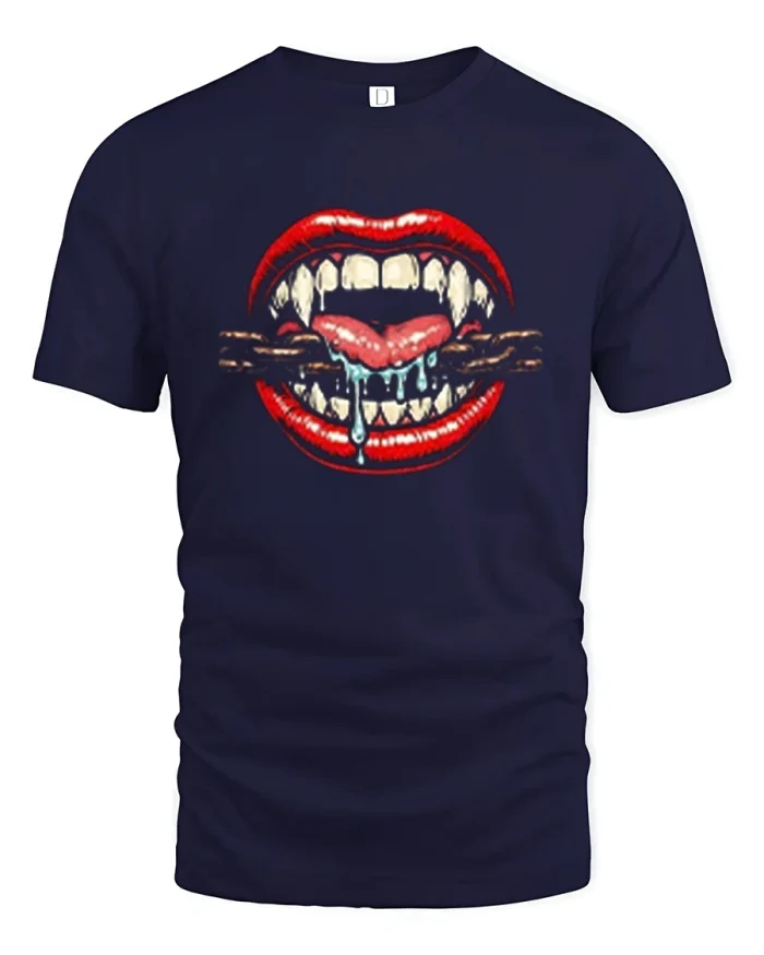 Vampire Fangs Biting Chain Graphic Cotton T Shirt - navy t-shirt on white background