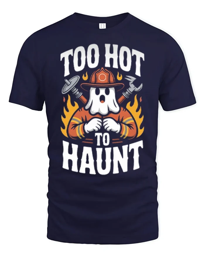 Too Hot To Haunt Firefighter Ghost Graphic Cotton T Shirt - navy t-shirt on white background