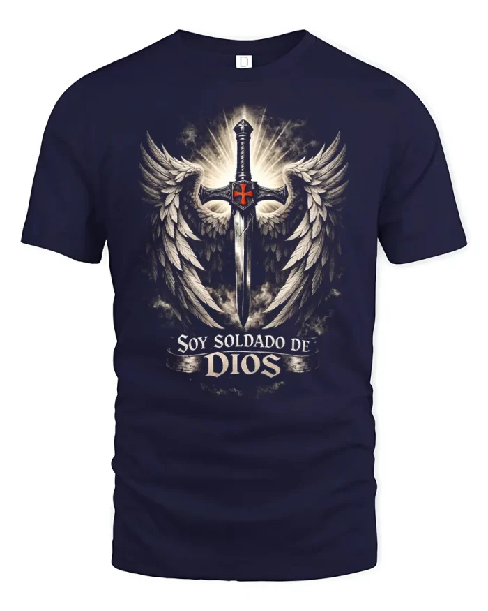 Soy Soldado De Dios Angel Wings Sword Cotton T Shirt - navy t-shirt on white background