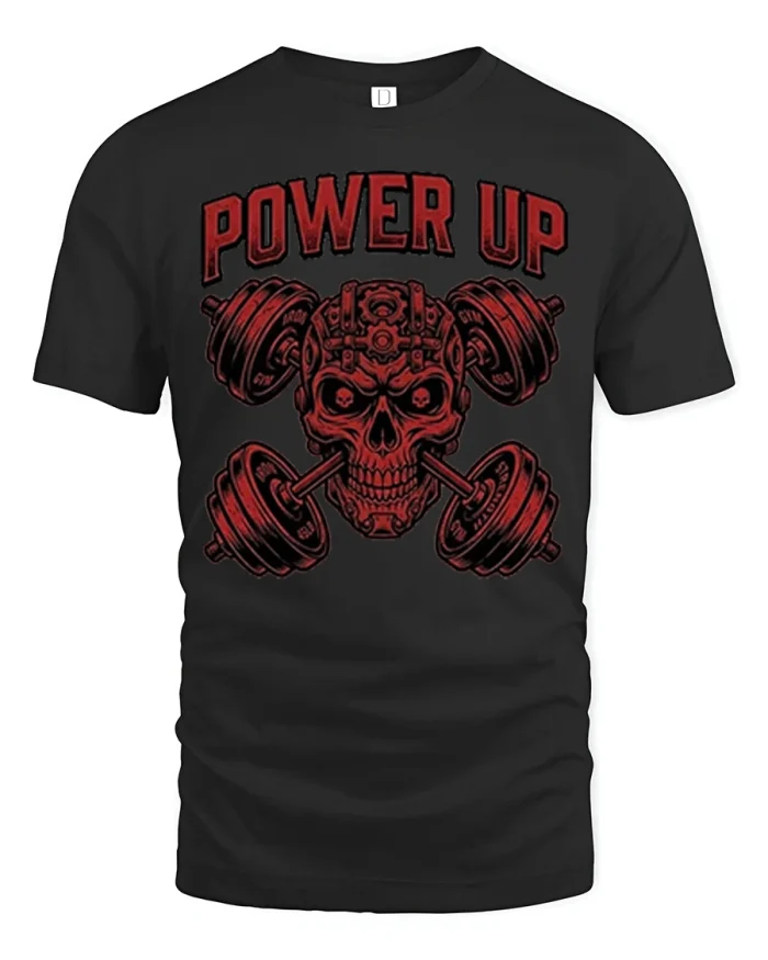 Power Up Gym Skull Dumbbell Fitness Graphic Cotton T Shirt - black t-shirt on white background