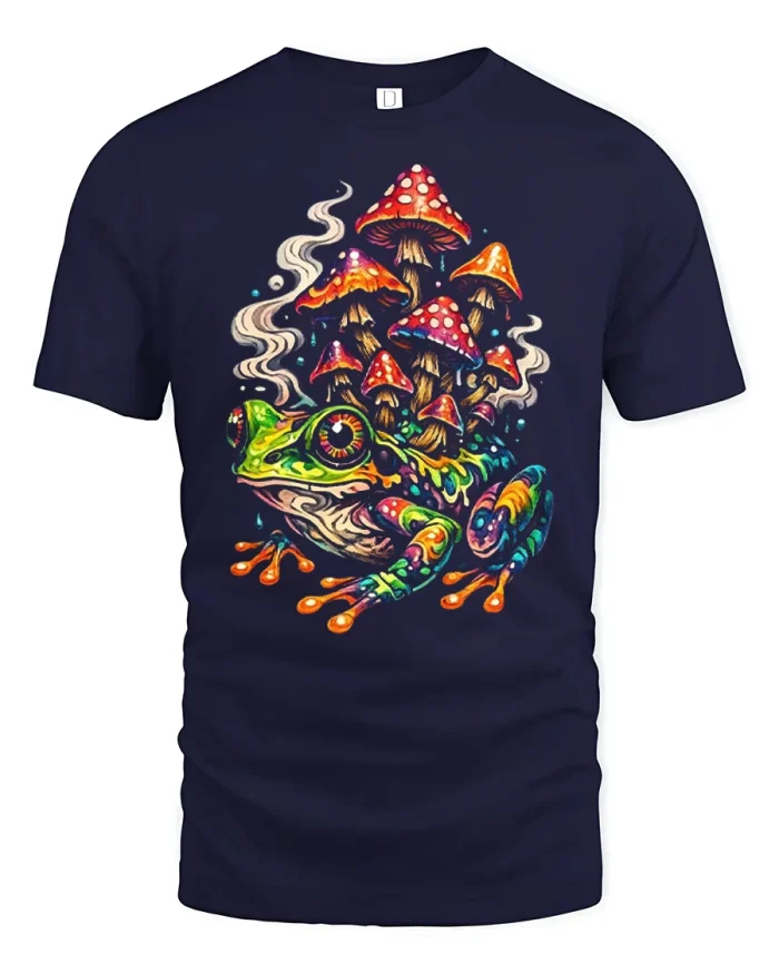 Trippy Psychedelic Mushroom Frog Graphic Cotton T Shirt - navy t-shirt on white background