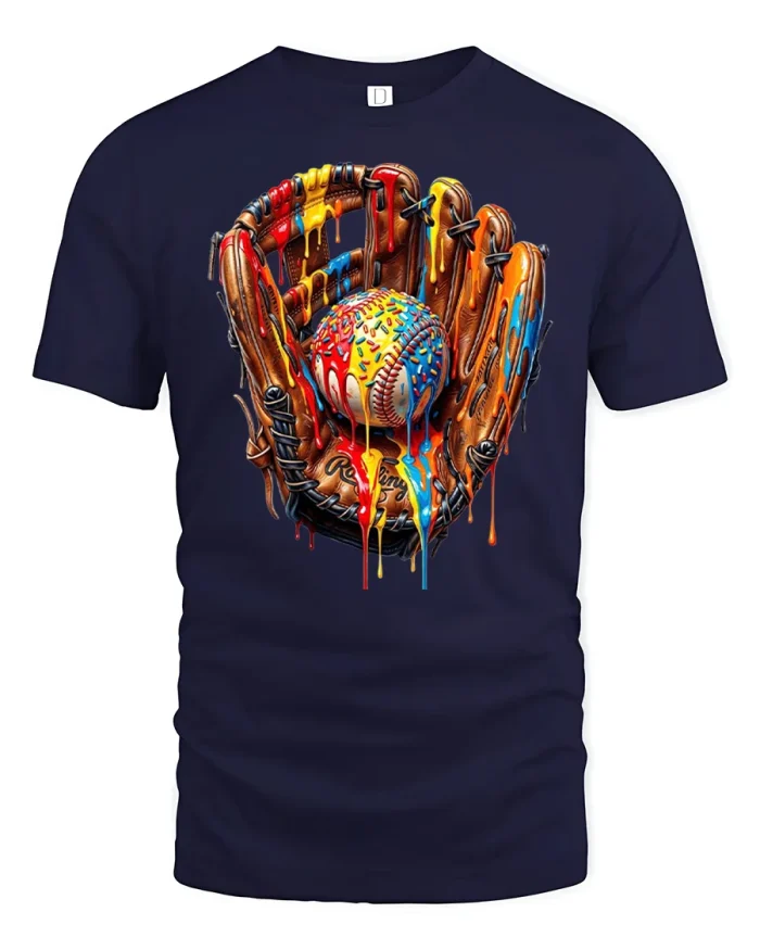 Dripping Paint Baseball Glove Graphic Cotton T Shirt - navy t-shirt on white background