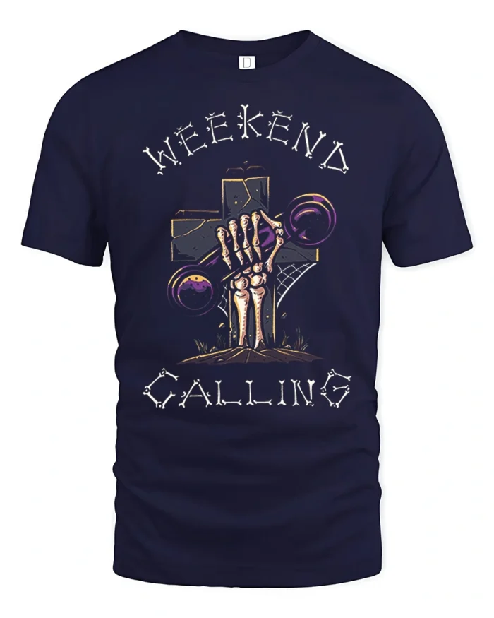Weekend Calling Skeleton Hand Tombstone Cotton T Shirt - navy t-shirt on white background