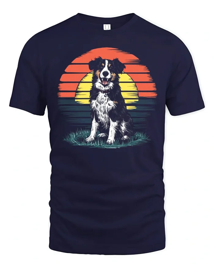 Retro Sunset Australian Shepherd Dog Graphic Cotton T Shirt - navy t-shirt on white background